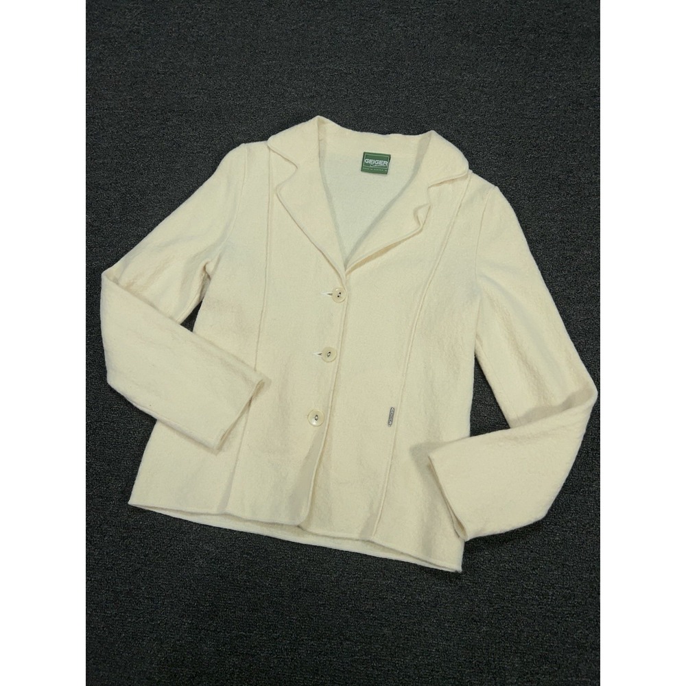 Geiger Cardigan Sweater Jacket 38‎ Medium Boiled Wool Button Up Cream Beige